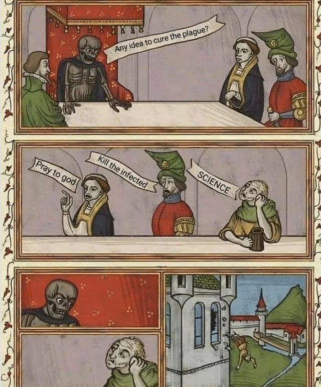 This is a 3-panel meme drawn in the style of a medieval illuminated manuscript. The first panel shows a skeleton personifying the Black Plague sitting at the head of a council table asking three seated medieval figures 'Any idea to cure the plague?'. The second panel shows each of the three figures giving their suggestions: the religious clergyman says 'Pray to god', the medieval noble says 'Kill the infected', and the scholar representing science looks bored, rests his head on one hand while holding a mug, and only offers the word 'SCIENCE' with no actionable solution. The third section shows the plague skeleton looking unimpressed, the scholar still looking apathetic, and a final panel of people falling out of the windows of a medieval castle, implying all proposed solutions failed and the plague is killing the local population. The joke uses dark humor to mock the ineffective responses to the plague in medieval Europe, even noting that the scientific knowledge of the time had no meaningful cure to offer.