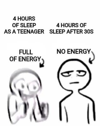 A meme depicting a humorous comparison of energy levels after 4 hours of sleep between teenagers and adults over 30. The left side features a stick figure with wide eyes and an energetic posture, labeled '4 HOURS OF SLEEP AS A TEENAGER' with 'FULL OF ENERGY' below. The right side shows a slouched stick figure with a tired, unamused expression, labeled '4 HOURS OF SLEEP AFTER 30S' with 'NO ENERGY' below, highlighting the perceived decline in energy with age.
