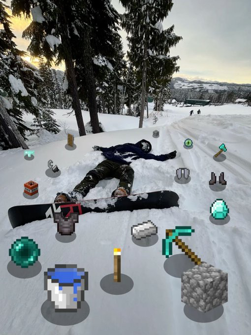 This edited meme combines a real winter sports photograph and assets from the video game Minecraft. A snowboarder wearing winter gear, helmet and goggles lies flat on their back in the snow on a ski slope, with their snowboard still attached to their feet. The background features snow-covered pine trees, distant snow-capped mountains, and other people on the ski slope. Multiple pixelated Minecraft in-game items are edited around the snowboarder as if they are loot drops that spawn when a Minecraft player dies, including a diamond pickaxe, diamond, TNT block, iron ingot, ender pearl, torch, diamond axe, armor pieces, cobblestone block, bucket of water, and other common Minecraft inventory items, creating the joke that the snowboarder 'died' after their fall and dropped all their items.