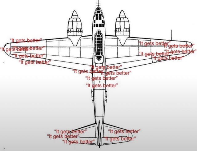 A black-and-white technical drawing of an airplane shown from a top-down perspective. The airplane's structure includes wings, a fuselage, twin engines, and a tail. Overlaid across all parts of the airplane (wings, fuselage, tail) is the phrase 'It gets better' repeated multiple times in red text. The text is scattered in various orientations, covering most of the airplane's surface area.