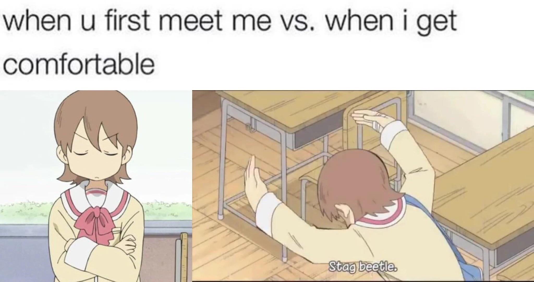 This is a two-panel comparison meme featuring the character Yuuko Aioi from the anime *Nichijou (My Ordinary Life)*. The top overarching text reads 'when u first meet me vs. when i get comfortable'. The left panel shows Yuuko standing with her arms crossed, eyes closed, and a calm, reserved, seemingly aloof expression, representing the polite, restrained persona people often present when first meeting new acquaintances. The right panel shows the same character hunched over in a classroom, reaching enthusiastically under a school desk while saying 'Stag beetle.' to depict the unfiltered, silly, eccentric true personality that comes out once someone feels comfortable around their friends. The joke is relatable to most people who act more reserved around strangers but show their weird, playful side to people they are close to.