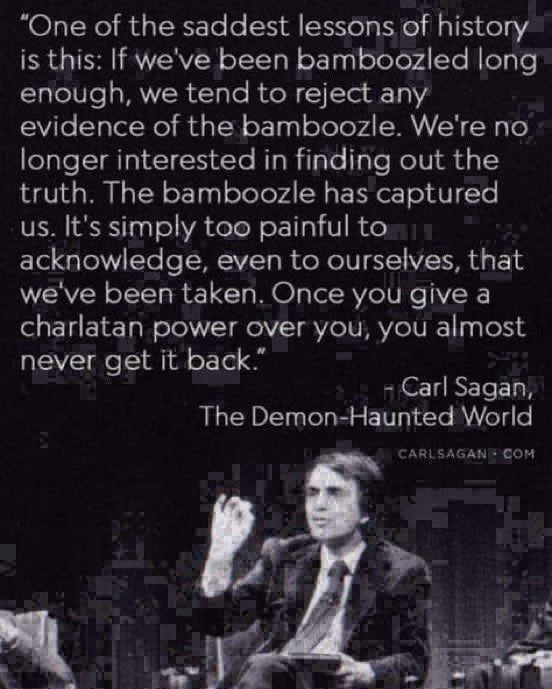 The image features a philosophical quote by Carl Sagan set against a dark background with white text. The quote warns about the danger of being 'bamboozled' and rejecting evidence, emphasizing the pain of acknowledging deception and the difficulty of reclaiming power from charlatans. Below the text is a photograph of Carl Sagan, a renowned astronomer and science communicator, wearing a suit and tie, gesturing with his right hand as if speaking. The bottom right corner contains the watermark 'CARLSAGAN.COM'.
