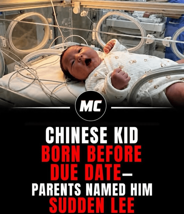 The meme features a real photo of a newborn Chinese baby lying inside a hospital incubator. Overlaid text below the photo states the baby was born before his due date, and his parents named him "Sudden Lee". The core joke is a phonetic pun: the name "Sudden Lee" sounds identical to the English adverb "suddenly", which describes the unexpected early birth, paired with the common Chinese surname Lee (Li).