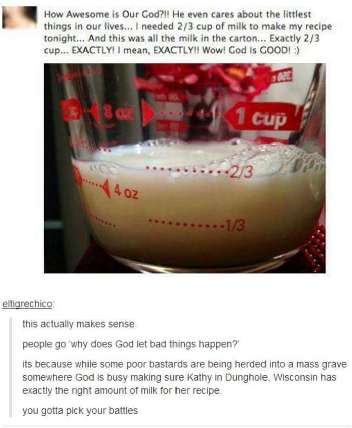 The meme contains two social media posts stacked vertically. The top post features an anonymous user excitedly sharing a small personal coincidence: they needed exactly 2/3 cup of milk for a recipe, and the remaining milk in their carton measured perfectly to that mark, which they attribute to God caring about tiny details of their life, paired with a photo of a measuring cup with milk exactly at the 2/3 cup marking. Below it, a sarcastic reply from user eltigrechico mocks the flawed logic of this framing, pointing out that people often question why God allows large-scale horrific tragedies like mass graves to happen, while God is allegedly too busy ensuring trivial small wins for individual people like getting the right amount of milk for their recipe, closing with the punchline 'you gotta pick your battles'.