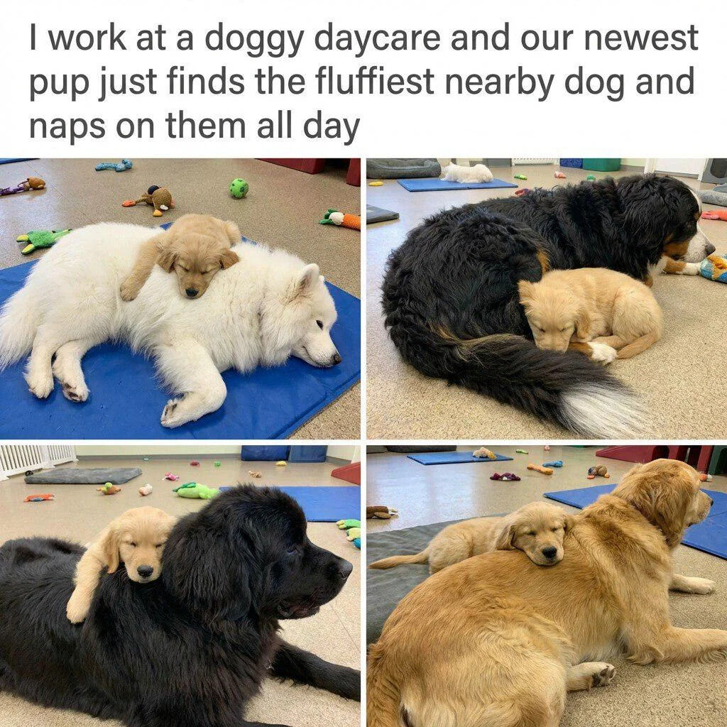 This is a 4-panel photograph collage showing a young golden retriever puppy at a doggy daycare, who has an adorable habit of finding the fluffiest nearby larger dog to nap on every day. Each panel shows the puppy resting on a different very fluffy dog: the top left panel shows the puppy napping on the back of a large fluffy white dog, the top right shows the puppy curled up against a fluffy large black-and-tan dog, the bottom left has the puppy resting on the shoulder of a large fluffy black dog, and the bottom right shows the puppy napping comfortably on the back of an adult golden retriever. The text at the top of the image explains the puppy's cute habit.