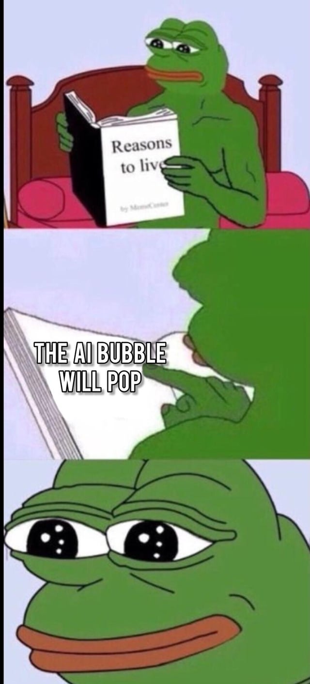 A three-panel meme featuring the popular internet character Pepe the Frog. In the first panel, Pepe is seated on a red couch, holding a book titled 'Reasons to live' with the author listed as 'MemeCreator'. The second panel shows a close-up of Pepe pointing to text inside the book that reads 'THE AI BUBBLE WILL POP'. The third panel is an extreme close-up of Pepe's face, displaying a shocked expression with wide, round eyes, emphasizing surprise or disbelief at the book's content. The meme humorously suggests that the 'AI bubble popping' is a reason to live, using sarcasm and Pepe's expressive reaction to create comedic effect.