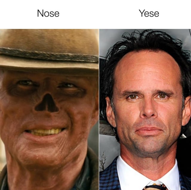 A two-panel meme featuring a visual pun on 'nose' and 'yes' (misspelled as 'Yese'). The left panel shows a weathered, sinister-looking individual wearing a brown hat with the label 'Nose' above, emphasizing their prominent nose. The right panel shows a neutral, serious man in a suit with the label 'Yese' above, creating a humorous contrast between the facial feature 'nose' and the word 'yes'.