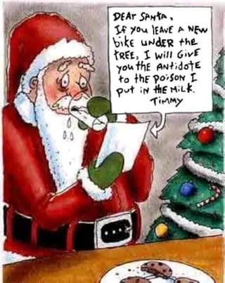 An illustration depicting Santa Claus in his traditional red suit with white trim, standing in front of a decorated Christmas tree. He holds a piece of paper (a letter) in one hand and a glass (likely containing milk) in the other, with a plate of cookies visible on the table before him. Santa appears to have a shocked or concerned expression as he reads the letter, which is from Timmy. The letter threatens that Timmy has poisoned the milk but will provide the antidote if Santa leaves a new bike under the tree.