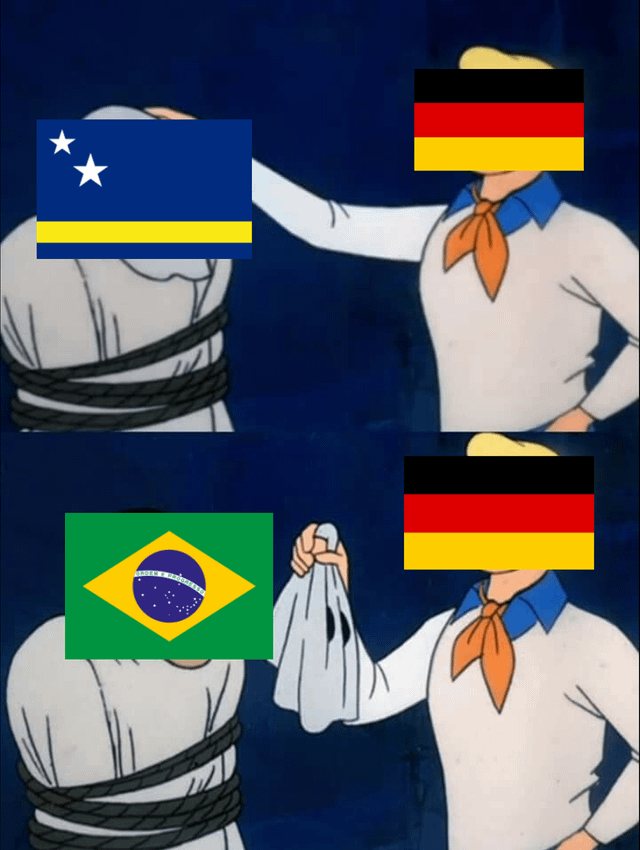 This is a two-panel edited meme using the classic Scooby-Doo villain unmasking template, relying on dark historical humor. In the first panel, a figure representing Germany (face covered by the German national flag) begins to unmask a tied-up villain whose face is covered by the flag of Curaçao. In the second panel, the mask is removed to reveal the flag of Brazil underneath. The joke references the well-documented emigration of many German citizens, including a large number of Nazi war criminals, to South American countries including Brazil after World War II, framing the reveal as a moment of nostalgia for Germany recognizing former residents who fled the country after the war.