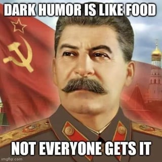 This is a single-panel dark humor meme that features an official portrait of Joseph Stalin in Soviet military uniform, with a Soviet red flag bearing the hammer and sickle and star emblem, plus the golden spire of the Kremlin visible in the background. The text at the top reads "DARK HUMOR IS LIKE FOOD", and text at the bottom reads "NOT EVERYONE GETS IT". The joke relies on a pun on the phrase "gets it", which can mean both understanding the humor and receiving/obtaining goods, referencing the widespread catastrophic famines that occurred across the Soviet Union during Stalin's leadership where millions of people were unable to access sufficient food.