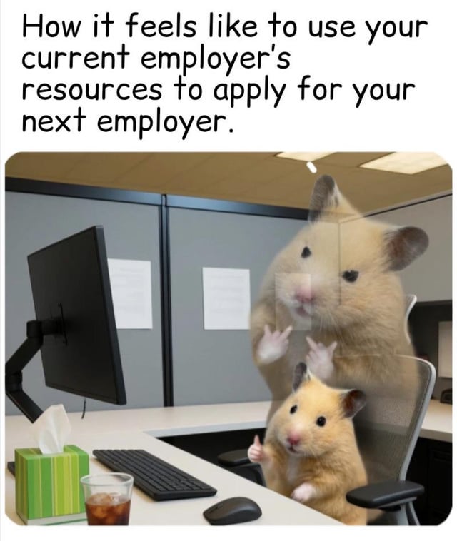 This single-panel meme features top text that reads 'How it feels like to use your current employer's resources to apply for your next employer.' The lower portion shows an edited office cubicle scene: a small light brown hamster sits in an office chair at a work desk fitted with a monitor, keyboard, mouse, tissue box, and iced drink, giving a casual thumbs up to appear nonchalant. Behind it, a larger semi-transparent hamster makes a double middle finger gesture, representing the hidden defiant, rule-breaking attitude of an employee secretly job hunting on company time or with company equipment. The joke references the common workplace experience of seeking new employment while still working a job, an action often deemed unethical by HR teams per the original meme title.