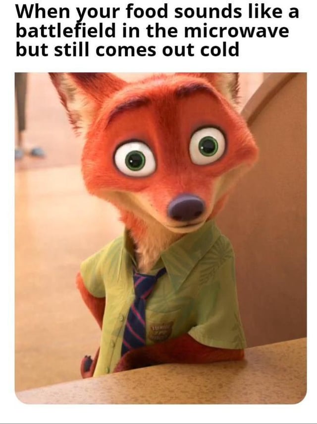 This is a single-panel reaction meme. The top of the image has text that reads 'When your food sounds like a battlefield in the microwave but still comes out cold'. Below the text is a still frame of the animated character Nick Wilde from the Disney movie Zootopia, who is shown with wide, shocked eyes and a confused, bewildered expression leaning on a counter. The image humorously captures the relatable frustration of expecting hot food after hearing loud noises from the microwave, only to find the food is still cold.