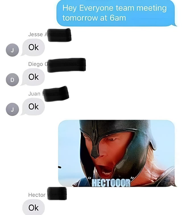 This meme is formatted as a group chat screenshot. A team lead first sends a message announcing a mandatory 6am team meeting the next day. Three team members named Jesse, Diego, and Juan each reply with a plain unemotional 'Ok'. Next, an image of the character Achilles from the 2004 film *Troy* screaming the name 'HECTOOOOR' (a famous iconic scene from the movie) is posted, building extreme dramatic tension. Finally, the team member named Hector replies with a simple, understated 'Ok', which subverts the dramatic build up for comedic effect, highlighting the relatable annoyance of being called to an unreasonably early work meeting.
