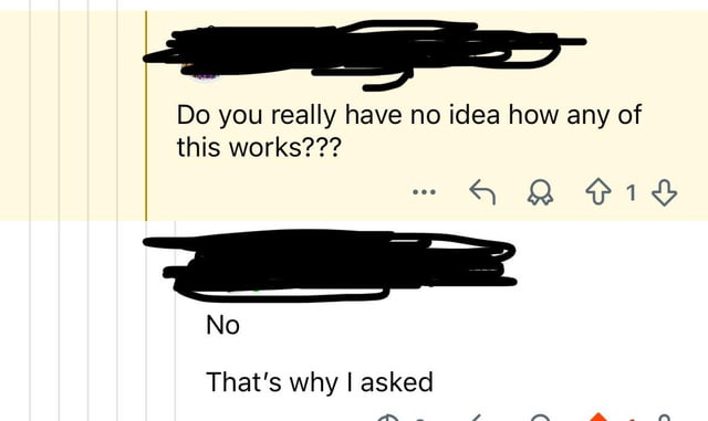 A screenshot of a digital conversation featuring two censored/blacked-out individuals. The first message reads 'Do you really have no idea how any of this works???' displayed on a light background, followed by responses 'No' and 'That's why I asked' on a white background. The interface includes typical social media elements such as reaction buttons (upvote/downvote icon) and an ellipsis menu, indicating a platform-based dialogue.
