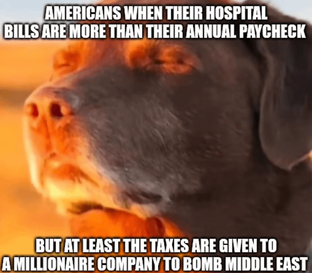 A meme featuring a close-up photograph of a brown dog with its eyes closed, set against a warm, orange sunset background. The top text reads 'AMERICANS WHEN THEIR HOSPITAL BILLS ARE MORE THAN THEIR ANNUAL PAYCHECK' and the bottom text adds 'BUT AT LEAST THE TAXES ARE GIVEN TO A MILLIONAIRE COMPANY TO BOMB MIDDLE EAST'. The dog's serene expression contrasts with the sarcastic and critical message about high healthcare costs and perceived misallocation of tax funds in the United States.