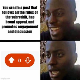A two-panel meme expressing frustration with Reddit. The top panel shows a real person with a hopeful expression, accompanied by text: 'You create a post that follows all the rules of the subreddit, has broad appeal, and promotes engagement and discussion'. The bottom panel shows the same person with a shocked/disappointed expression, with Reddit upvote and downvote buttons both displaying '0' below. The meme humorously captures the experience of putting effort into a Reddit post only to receive no engagement.