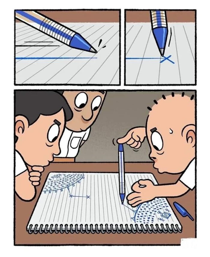 This is a three-panel comic illustrating a classic pen-and-paper game that children played before smartphones became widespread. The first two panels show the process of drawing a line and marking a target cross on lined paper. The third panel shows three boys gathered around a spiral notebook, playing the paper version of Battleship: one boy on the right holds a pen ready to make his move, sweating slightly in focus, while the other two boys lean in watching intently. This comic references the common childhood activity of playing pencil-and-paper games when mobile games were not available.