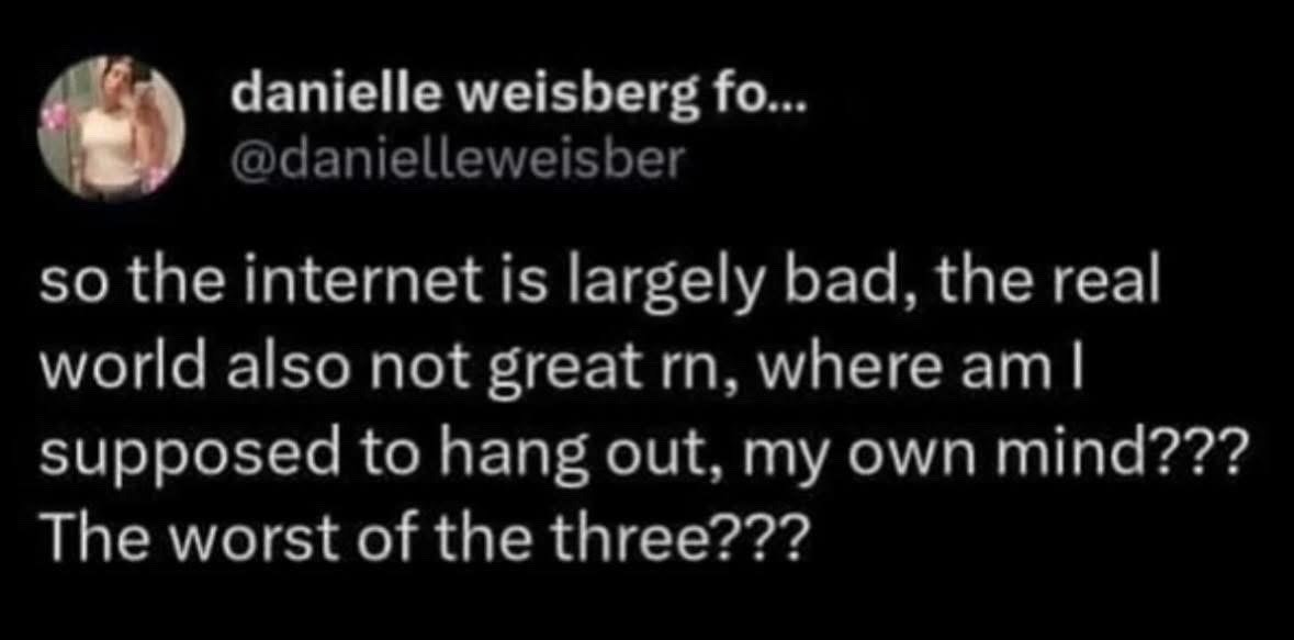 This image is a screenshot of a public post from the social media platform X (formerly Twitter). It shows a post by user @danielleweisber, which humorously lists three possible spaces to spend time: the internet, the real world, and one's own mind. The poster complains that the internet is mostly bad, the real world is not good at the current moment, and jokes that the only remaining option, one's own mind, is the worst of the three. The content expresses a common, relatable feeling of frustration and dissatisfaction with available places to relax or occupy oneself.