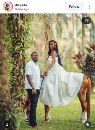 This meme features a screenshot of an Instagram wedding photo that creates a comedic optical illusion. A Black groom in a white shirt and dark pants stands barefoot on grass holding his bride's hand. The bride wears a long, flowy white strapless wedding dress, and a brown horse stands directly behind her. The cut and flow of the bride's dress align perfectly with the horse's body, making it look like the bride's lower half is the horse's torso and legs, so she appears to be a centaur at first glance. The screenshot shows it is the first image in a 9-post carousel shared by Instagram user awgzzz 3 days prior to being reposted. The Reddit poster added the humorous caption that they thought the groom had married a centaur when they first saw the photo.