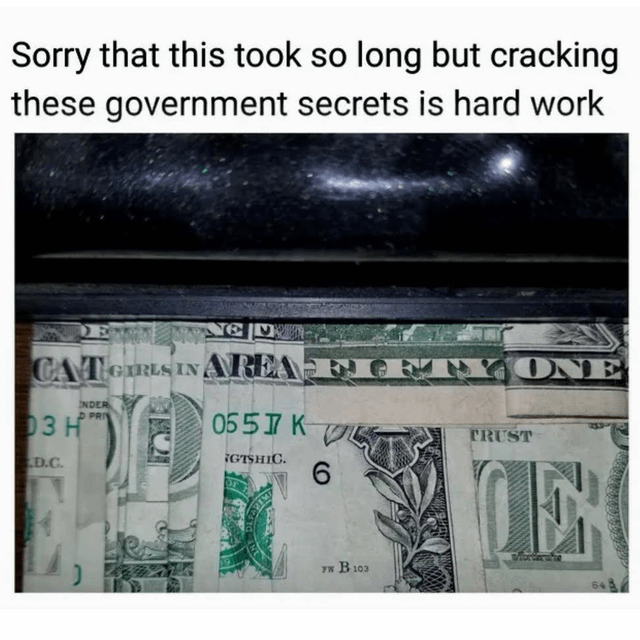 A meme consisting of a top caption reading 'Sorry that this took so long but cracking these government secrets is hard work' above a close-up photograph of US dollar bills. The bills are arranged such that segments of their printed text align to form the phrase 'CATGIRLS IN AREA', creating a humorous contrast between the serious tone of 'government secrets' and the playful, fictional 'catgirls' reference. The image leverages the physical text on currency to fabricate a comedic 'secret' through visual arrangement.