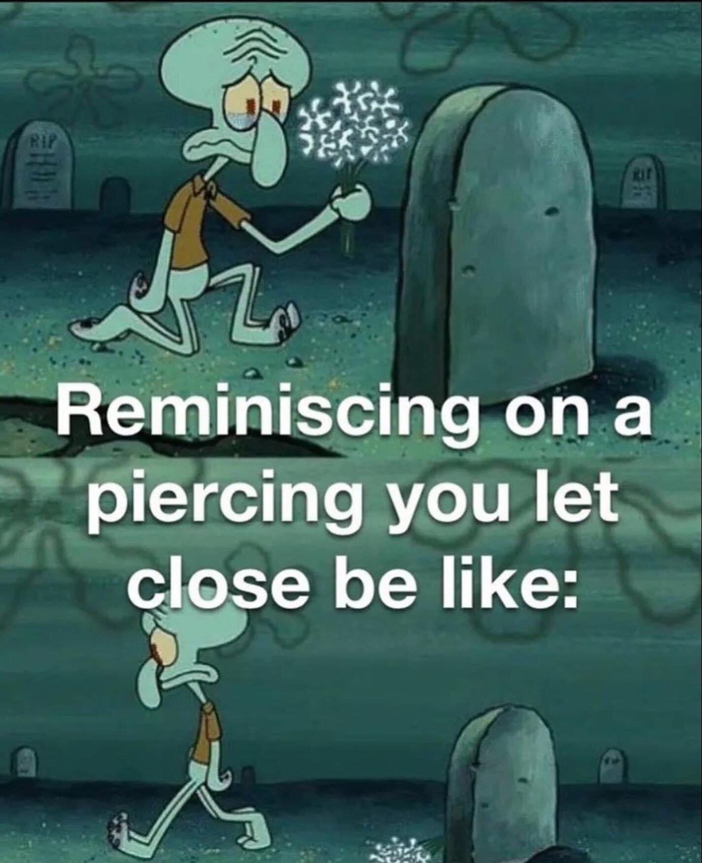 This two-panel meme uses footage of Squidward Tentacles from the animated series *SpongeBob SquarePants* set in a graveyard. The top panel depicts a tearful, mournful Squidward kneeling to place a bouquet of white flowers at a grave. The bottom panel shows Squidward walking away dejectedly after leaving the flowers. Overlaid text across the panels reads "Reminiscing on a piercing you let close be like:", creating a humorous relatable joke that frames the minor regret of losing a piercing that grew closed after being left unused as a grief response similar to mourning a deceased person.