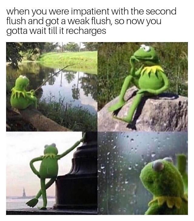 This is a four-panel relatable meme featuring Kermit the Frog in multiple waiting poses, paired with text describing a common frustrating everyday bathroom experience: when you get impatient waiting for a dual-flush toilet to reset after the first flush, you flush too early and get a weak incomplete flush, so you now have to wait for the toilet tank to refill (called 'recharging' here) before you can flush again. Each panel shows Kermit waiting in a different setting, emphasizing the awkward, boring wait after making this common mistake.