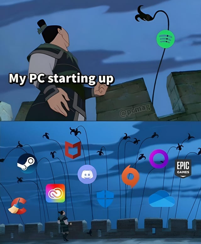 A two-panel meme using animated scenes, likely from 'Avatar: The Last Airbender.' The top panel shows a warrior character looking up at a single green circular 'System' icon with the overlaid text 'My PC starting up,' humorously representing the initial phase of a computer booting. The bottom panel contrasts this by depicting the same character as small and overwhelmed, standing amid numerous sprouting app icons (including Steam, Discord, Epic Games, Microsoft, Google Drive, and Spotify) that tower over them, illustrating the flood of background applications launching during startup.
