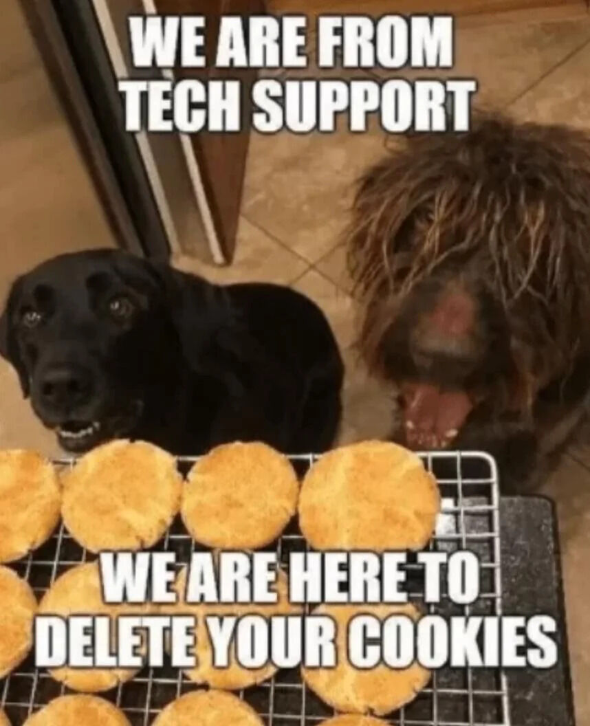 A humorous image featuring two dogs sitting on a tiled kitchen floor in front of a cooling rack with freshly baked round cookies. The top text reads 'WE ARE FROM TECH SUPPORT' and the bottom text reads 'WE ARE HERE TO DELETE YOUR COOKIES,' creating a pun on 'cookies' (both internet browser data files and the baked treats). The black dog on the left has a curious, alert expression with its mouth slightly open, while the shaggy-haired dog on the right looks excited with its tongue hanging out. The scene is wholesome and playful, blending pet humor with tech slang.