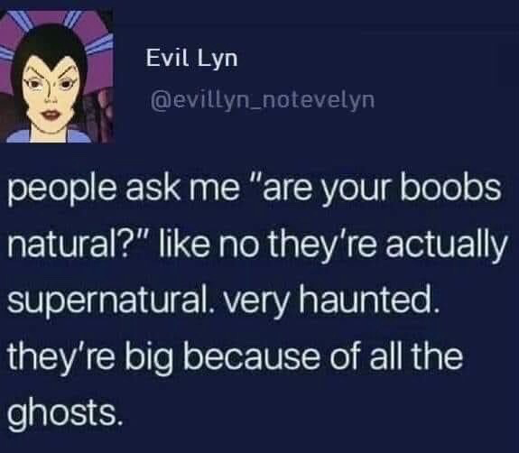 This image is a screenshot of a public post from X (formerly Twitter) from user Evil Lyn, who uses the animated villain Evil Lyn from the *He-Man and the Masters of the Universe* franchise as her profile picture. The post features a sarcastic, absurdist response to people who ask intrusive questions about whether the poster's breasts are natural: she facetiously claims they are supernatural, haunted, and large because they are filled with ghosts. The joke mocks the rudeness of asking strangers invasive personal questions about their body modifications or appearance by replacing an expected sincere answer with a ridiculous, paranormal punchline.