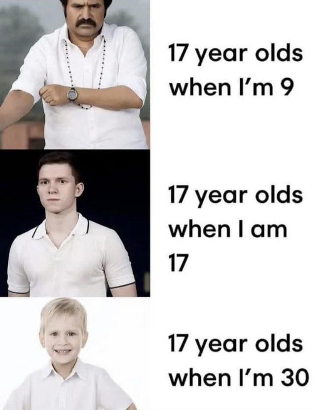A multi-panel meme consisting of three vertical panels, each featuring a different individual on the left and descriptive text on the right. The top panel shows an older man with a stern expression, wearing a white shirt and a beaded necklace, with text reading '17 year olds when I'm 9'—depicting 17-year-olds as intimidating authority figures from a child's perspective. The middle panel features a young adult (late teens/early twenties) with a neutral expression in a white polo shirt, paired with text '17 year olds when I am 17'—representing peers of similar age. The bottom panel shows a smiling young boy in a white shirt, with text '17 year olds when I'm 30'—portraying 17-year-olds as youthful from an adult's viewpoint. The meme humorously illustrates how perceptions of 17-year-olds shift with one's own age.