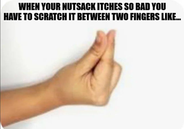 A meme featuring bold uppercase text at the top that reads: 'WHEN YOUR NUTSACK ITCHES SO BAD YOU HAVE TO SCRATCH IT BETWEEN TWO FINGERS LIKE...' Below the text is a photograph of a human hand with the index and middle fingers held close together, palm facing upward, mimicking the precise two-finger scratching motion described in the text. The background is plain white, ensuring focus on the hand gesture and the humorous text. The image combines relatable bodily discomfort with a visual demonstration of the specific scratching method, creating a lighthearted and funny reaction meme.