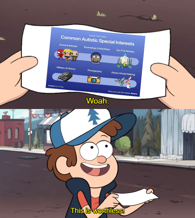 This is a two-panel edited meme using a scene from the animated series *Gravity Falls*. The first panel shows a close-up of two hands holding an infographic flier titled 'Common Autistic Special Interests', which lists 6 very broad common nerdy/geek hobby categories, each paired with a relevant icon, and carries text urging readers to 'be autism aware'. The text 'Woah.' appears between the two panels. The second panel features the character Dipper Pines grinning widely while holding the flier, with the subtitle 'This is worthless!' below him. The joke hinges on the fact that the list of 'autistic special interests' is so broad that it applies to a huge portion of the general nerd/geek population, making the infographic useless for its intended purpose, referencing the original title which refers to the infographic making overly wide, unspecific generalizations.