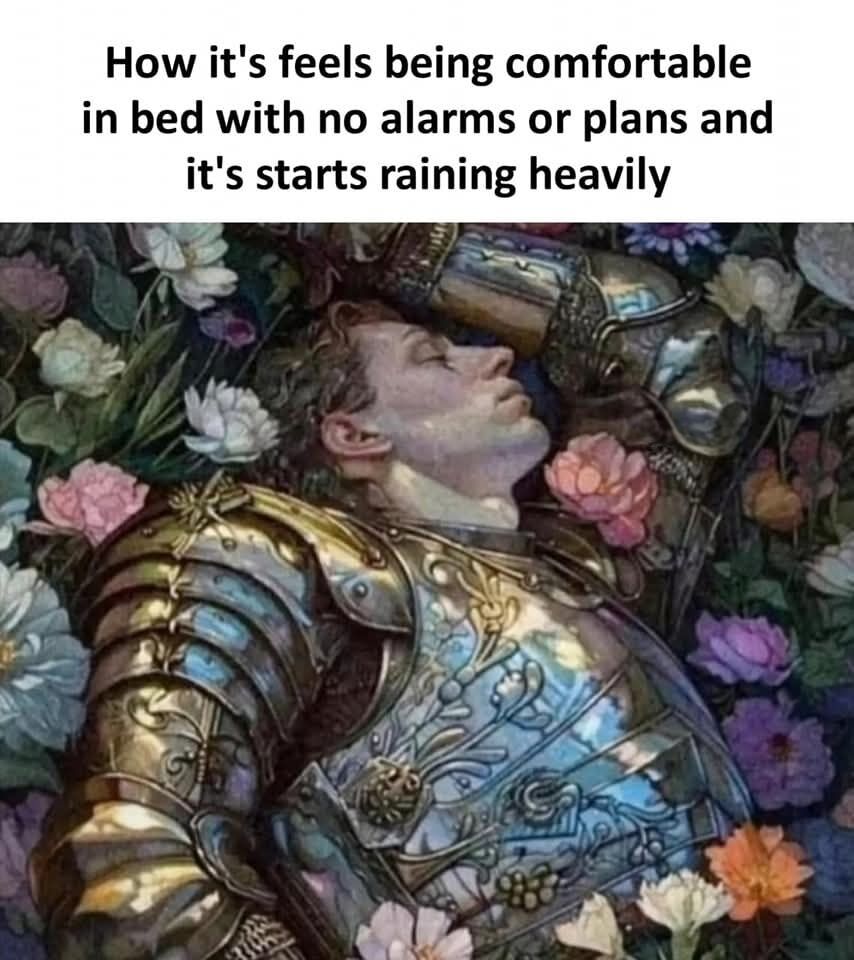 This meme consists of two parts: text at the top reads 'How it's feels being comfortable in bed with no alarms or plans and it's starts raining heavily' (with minor grammatical errors), paired with an illustration of a male knight in intricately designed, shiny ornate armor lying peacefully on his back with eyes closed, surrounded by a bed of vibrant, multi-colored flowers including roses, peonies, and other blooms. The serene, perfectly content expression of the resting knight is used to represent the extreme comfort, calm, and satisfaction people feel when they have no obligations to fulfill and can stay cozy in bed while it rains heavily outside, a widely relatable pleasant experience.