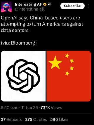 This meme uses a screenshot of an X (Twitter) post referencing a Bloomberg-sourced claim from OpenAI that China-based users are attempting to turn Americans against data centers. The post is paired with side-by-side visuals of the OpenAI logo and the Chinese national flag. The meme's title references common talking points that Chinese manufactured electric vehicles (EVs) and smartphones are high quality, to create a humorous, satirical contrast with the unusual, novel accusation leveled by OpenAI in the cited report. The post shows engagement metrics of 737K views, 37 reposts, 275 quote tweets, and 586 likes as of June 11, 2026.