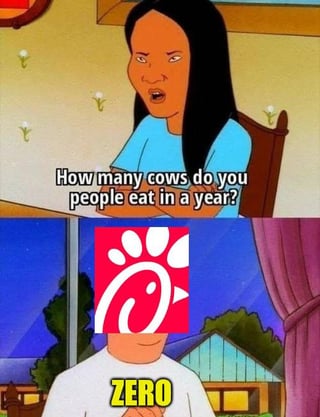 This is a two-panel edited meme adapted from the animated series *King of the Hill*. The first panel shows an angry female animated character with crossed arms asking, 'How many cows do you people eat in a year?'. The second panel features a second animated character whose face is covered by the Chick-fil-A fast food brand logo, responding with the word 'ZERO' in bold yellow text. The joke plays on Chick-fil-A exclusively selling chicken-based menu items, meaning no cows are slaughtered for their products, which aligns with the original title 'Cow Friendly Chicken Deadly' — cows are unharmed by the chain, while chickens are used to produce their food offerings.