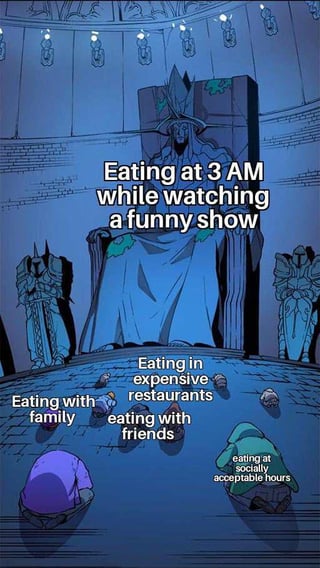 A meme depicting a grand throne room where a central, imposing figure sits on a throne labeled 'Eating at 3 AM while watching a funny show.' Below the throne, smaller, less prominent figures represent other eating scenarios: 'Eating in expensive restaurants,' 'eating with family,' 'eating with friends,' and 'eating at acceptable hours.' The visual hierarchy humorously portrays late-night, casual eating as the most superior and desirable experience compared to more socially conventional or formal eating situations.