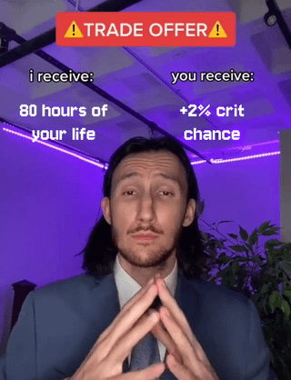 This is a sarcastic gaming meme using the popular 'Trade Offer' template. It features a man in a suit with a scheming, smug expression holding his hands steepled, as if offering a favorable deal. Text at the top reads '⚠️TRADE OFFER⚠️'. Under the left side label 'i receive:' it states '80 hours of your life', while under the right side label 'you receive:' it states '+2% crit chance'. The joke ties to the title 'The least grindy ARPG', mocking the excessive, unbalanced grind common in action role-playing games, where players often spend dozens of hours of gameplay to unlock only extremely minor, barely noticeable stat upgrades; the meme ironically frames this already very lopsided trade as the least grindy option, implying most ARPGs demand even more time for even smaller rewards.