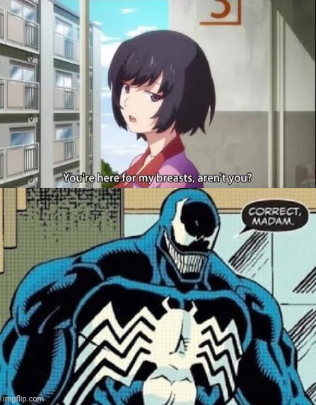 This is a two-panel collage meme. The top panel features a short dark-haired anime girl standing outside a multi-story apartment building, asking off-screen: "You're here for my breasts, aren't you?". The bottom panel cuts to the Marvel comic character Venom, who has a very large, defined chest emblazoned with his iconic white spider emblem, responding bluntly in a speech bubble: "CORRECT, MADAM.". The humor comes from the double meaning of the question: the girl assumes Venom is interested in her chest, but Venom is actually referring to his own extremely prominent, large chest, making the answer technically correct while subverting expectations.