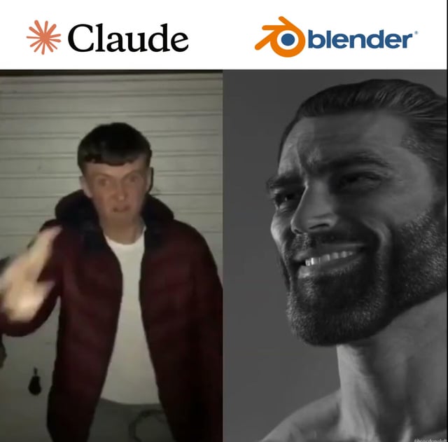 This is a two-panel comparison meme. The left panel is paired with the Claude AI logo, showing a disheveled, confused-looking man waving awkwardly, representing Claude after providing funding to Blender. The right panel is paired with the Blender logo, showing the popular Gigachad meme character with a smug, triumphant smirk looking off to the side, representing Blender receiving the funding without adding any native Claude AI integration, acting unbothered and satisfied with the arrangement.
