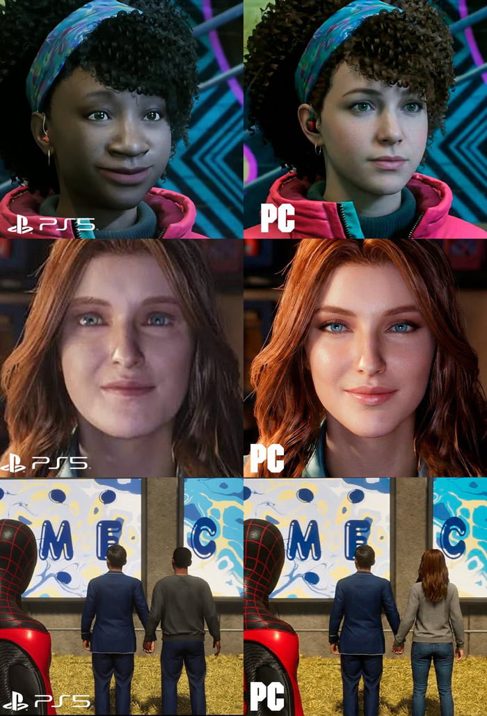 A 3x2 grid meme comparing graphics between PS5 (left) and PC (right) versions of a video game. The top two rows feature close-up character faces: the first row shows a curly-haired character with a headband, and the second row shows a red-haired character. In each pair, the PS5 version (left) has less detailed facial textures, while the PC version (right) has sharper details, more vibrant colors, and smoother skin. The bottom row compares a scene with two characters holding hands in front of a billboard; the PS5 version shows a male character, while the PC version replaces him with a female character, with both versions including a Spider-Man figure in the foreground. Each PS5 image has the PS5 logo, and each PC image is labeled 'PC'.
