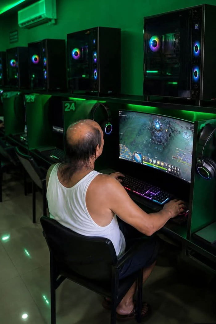 The image captures an older East Asian man with a receding hairline (bald on the crown, with long dark hair at the back of his head) wearing a white sleeveless tank top, dark shorts, and sandals, seated at station 24 of a modern, green LED-lit internet cafe. He is focused on playing a MOBA-style PC video game on a curved monitor, using an RGB keyboard and mouse. Rows of high-end gaming PCs with RGB case fans and mounted headphones line the cafe. The core joke of the meme is that the man bears a striking resemblance to Ho Chi Minh, the widely respected Vietnamese revolutionary leader, leading the cafe attendant to be too intimidated to ask him to leave even after his paid rental time expired 2 hours earlier.