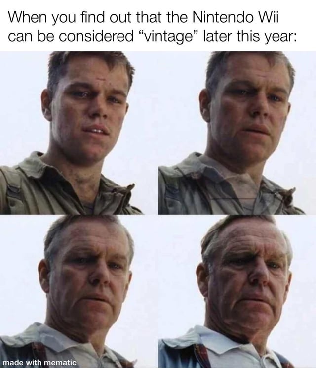 A four-panel meme featuring Matt Damon's character from The Martian in a progressive aging sequence. The top text reads: 'When you find out that the Nintendo Wii can be considered "vintage" later this year:'. Each panel shows the character looking increasingly older, humorously illustrating the passage of time and the nostalgic realization that the once-popular gaming console has aged enough to be classified as vintage.