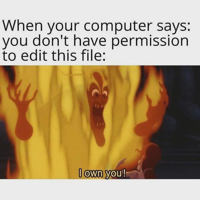 This is a relatable tech humor meme consisting of text overlays paired with an animated film scene. The top text reads 'When your computer says: you don't have permission to edit this file:'. Below this text is a scene from Disney's 1997 animated film *Hercules* showing the villain Hades engulfed in bright yellow flames, screaming in a furious rage, with additional text at the bottom of the scene that reads 'I own you!'. The meme comically personifies a user's personal computer as a tyrannical controlling entity, expressing the common, frustrating experience of encountering file permission errors on a device the user legally owns.