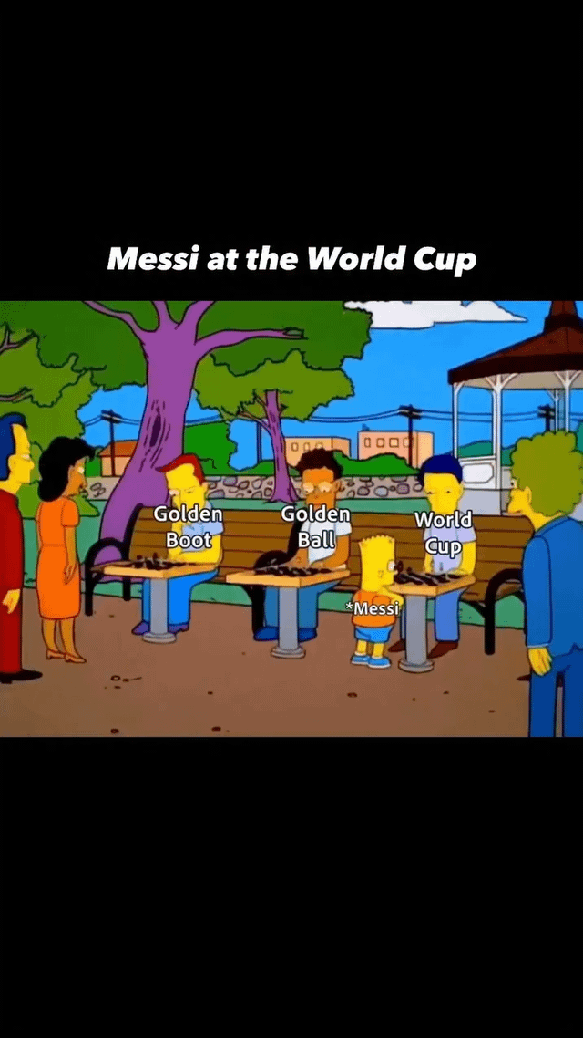 This edited Simpsons meme humorously references Lionel Messi's historic performance at the 2022 FIFA World Cup. The scene is set in a Springfield public park, where three adult male Simpsons characters seated at separate chess tables are labeled 'Golden Boot', 'Golden Ball', and 'World Cup' respectively, representing the three most prestigious honors awarded at the World Cup. Bart Simpson is labeled '*Messi' and is depicted standing at the third table, defeating the 'World Cup' character at chess, which references Messi winning all three major awards (the Golden Boot for highest goal scorer, Golden Ball for best overall player, and the World Cup trophy itself) during the 2022 tournament. The meme's title 'nobody followed the script' refers to how Messi defied widespread pre-tournament expectations to win every available top honor at the World Cup.