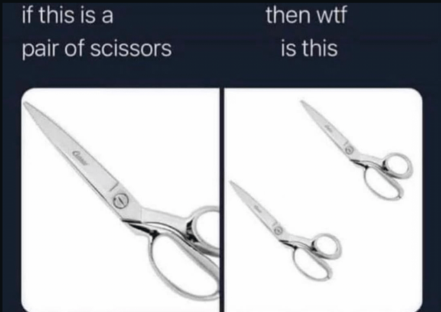 This two-panel meme uses wordplay and absurdity to joke about the English language's counterintuitive naming convention for scissors. The left panel shows a standard single scissor tool (which is commonly referred to as "a pair of scissors" in English, despite being one unified object with two blades), paired with the text: "if this is a pair of scissors". The right panel displays two separate single-bladed scissor-like tools (each with one blade and one handle), with the caption: "then wtf is this". The meme highlights the oddity of calling one scissor object a "pair" by presenting a literal "pair" of scissor pieces, questioning the inconsistency of the terminology.