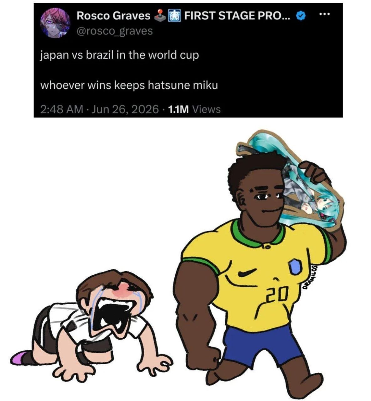 The meme has two core sections: the top is a screenshot of an X (formerly Twitter) post from user @rosco_graves, marked with a fictional future date of June 26, 2026, that presents a silly hypothetical bet for a World Cup match between Japan and Brazil, stating the winning team gets to keep Hatsune Miku. The bottom section is a custom illustration of the match outcome: a large muscular man in a yellow Brazil national football jersey with the number 20 walks away looking smug, holding a Hatsune Miku cardboard cutout over his shoulder, while a smaller man in a Japan national football kit crawls on all fours on the ground sobbing hysterically, showing Brazil won the bet and claimed Miku as their prize, leaving Japan distraught. The artist's signature 'DRAMILOS' is visible on the side of the Brazil character's jersey.