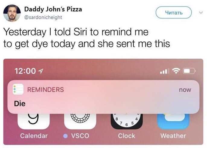 This image combines a screenshot of an X (formerly Twitter) post and an iOS phone home screen screenshot. The X user explains they asked Apple voice assistant Siri to set a reminder to buy dye, most likely hair dye. Due to the words 'dye' and 'die' being perfect homophones in English, Siri misinterpreted the speech input, generating a reminder notification that only reads 'Die'. The joke comes from the absurd, morbidly funny contrast between the user's intended mundane errand reminder and the alarming, seemingly threatening notification they received instead.