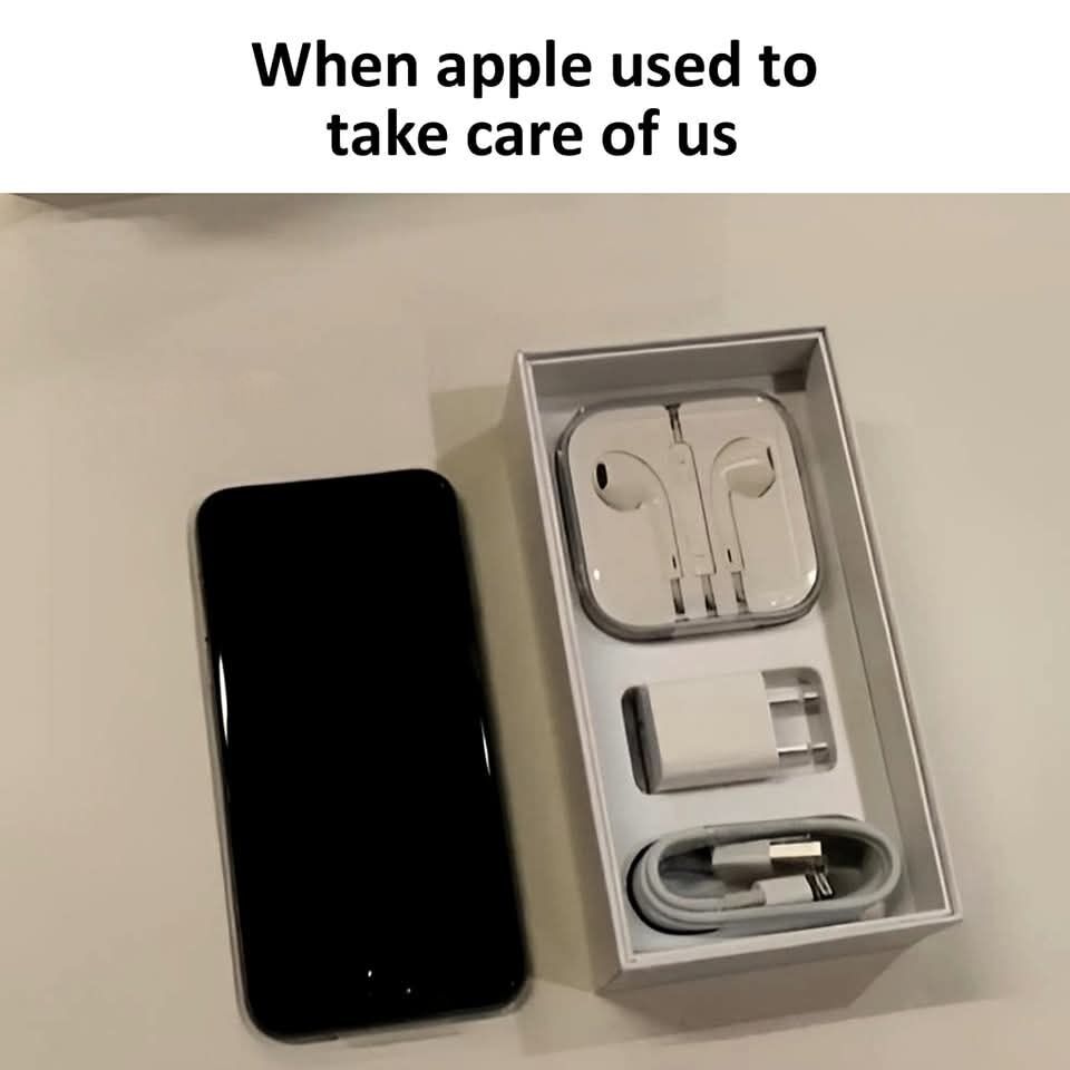 The meme displays an older generation iPhone placed next to its opened original packaging. Inside the box, three free bundled accessories are visible: wired Apple EarPods, a wall power charging adapter, and a Lightning charging cable. The overlaid text at the top reads "When apple used to take care of us", which is a sarcastic and nostalgic joke referencing Apple's widely discussed 2020 decision to stop including chargers and wired earphones in new iPhone packaging, forcing consumers to purchase these items separately if they do not already own them. The meme contrasts the older, more inclusive product offering against modern Apple policies to humorous effect.