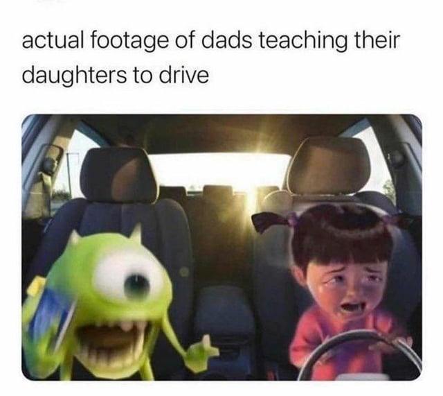This is a comedic edited meme that places animated characters Mike Wazowski and Boo from the Pixar film Monsters, Inc. into the front seats of a moving car. Boo is positioned at the steering wheel looking panicked and distressed while driving, while Mike Wazowski is in the passenger seat screaming in apparent terror, gesturing as if demanding the car stop. The text above the image reads 'actual footage of dads teaching their daughters to drive', using the exaggeratedly panicked expressions of both characters to joke about the common, often stressful experience of parents teaching their teenage children to drive.