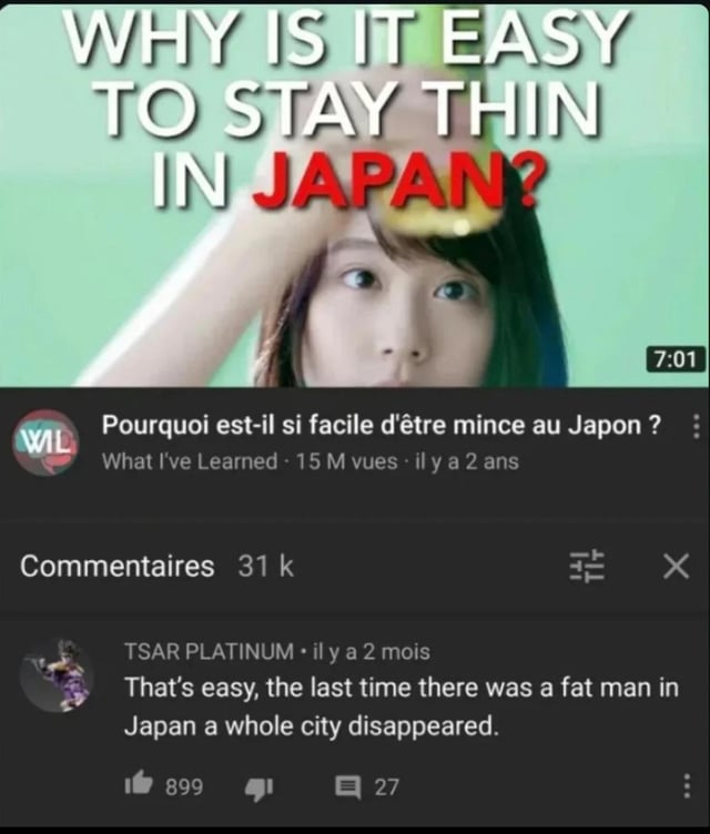This is a screenshot of a YouTube comment section under a video that asks the question 'Why is it easy to stay thin in Japan?'. A commenter makes an edgy dark joke using a double meaning pun: 'Fat Man' was the code name for the atomic bomb that destroyed the city of Nagasaki, Japan during World War II. The joke twists the phrase 'fat man' (referring to an overweight person) to reference the historical bombing, saying the last time a fat man was in Japan, an entire city disappeared. The joke is considered unapologetically dark, hence the 'no chill' framing.